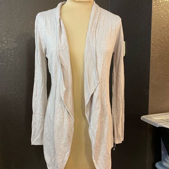 White House Black Market soft pink‎ metallic open front shawl collar cardigan - Picture 7 of 7